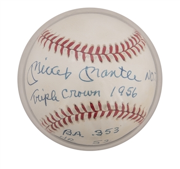 Mickey Mantle Signed Multi-Inscribed OAL Brown Baseball With "Triple Crown 1956, No. 7, BA .353, HR 52, RBI 130" Inscriptions (Beckett NM-MT 8 & JSA)